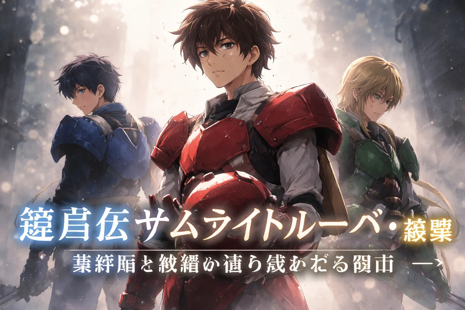 鎧真伝サムライトルーパーの感想を象徴する、鎧をまとった少年たちが静かな決意の表情で佇むアニメ風ビジュアル。最終回の余韻と続編を想起させる印象的な構図。