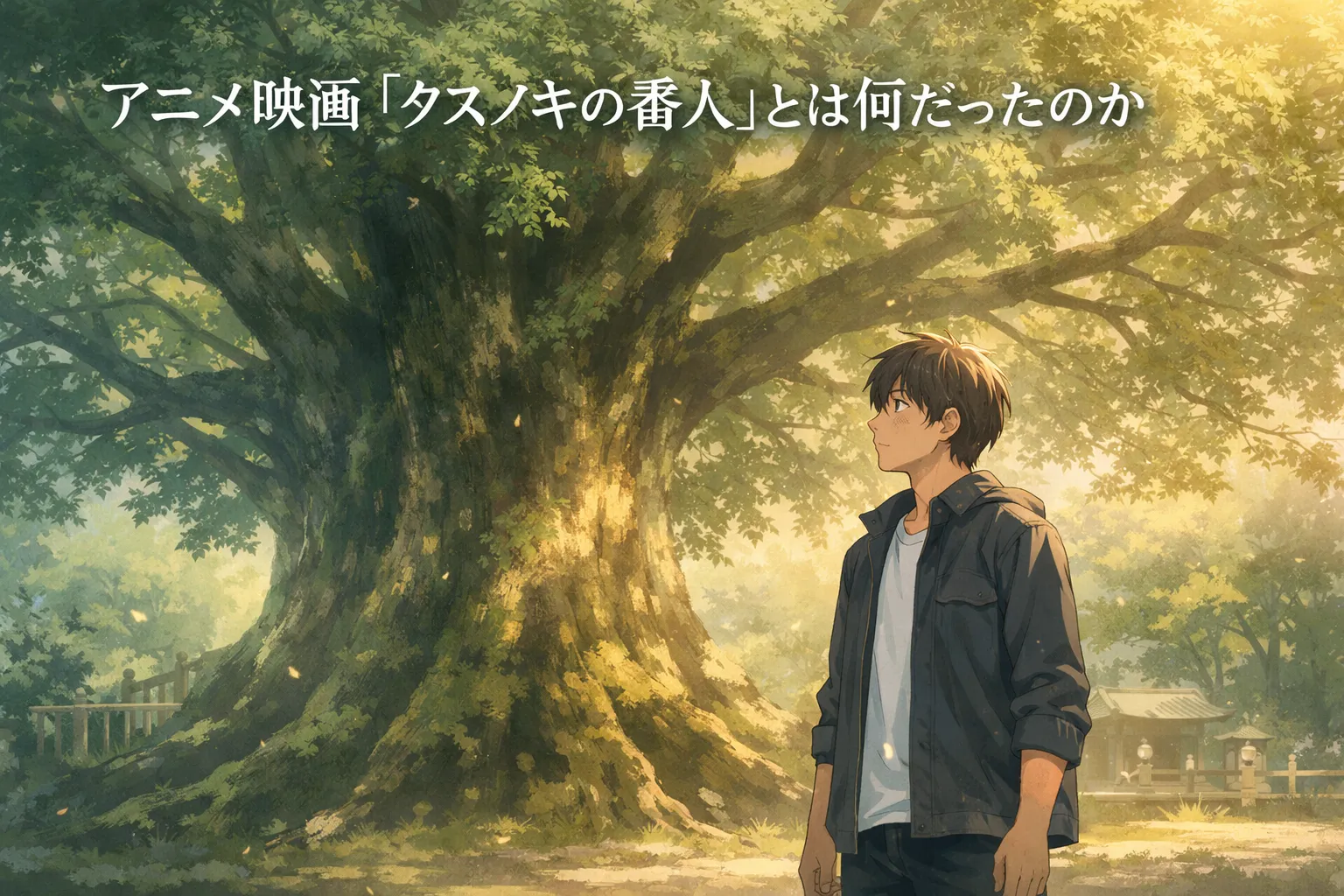 アニメ映画『クスノキの番人』考察記事のアイキャッチ画像。夕暮れの神社の境内で、巨大なクスノキを見上げる青年が静かに佇むアニメイラスト。祈りと沈黙を象徴する情景。