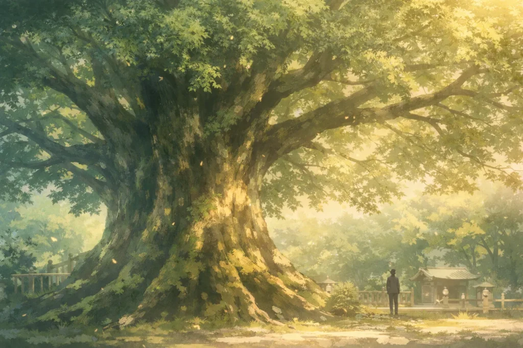 アニメ映画『クスノキの番人』の世界観を象徴する、神社の境内に立つ巨大なクスノキを描いたアニメイラスト。物語の入口となる静かな情景。