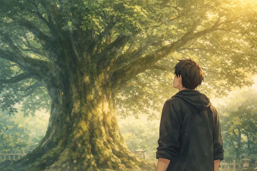アニメ映画『クスノキの番人』の世界観を象徴する、神社の境内に立つ巨大なクスノキを描いたアニメイラスト。物語の入口となる静かな情景。