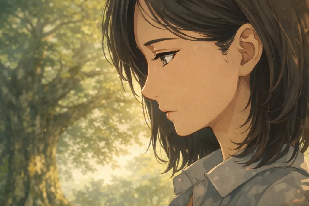 アニメ映画『クスノキの番人』を象徴する、静かに視線を落とす女性の横顔を描いたアニメイラスト。言葉にならない感情と声の余韻を表現した情景。