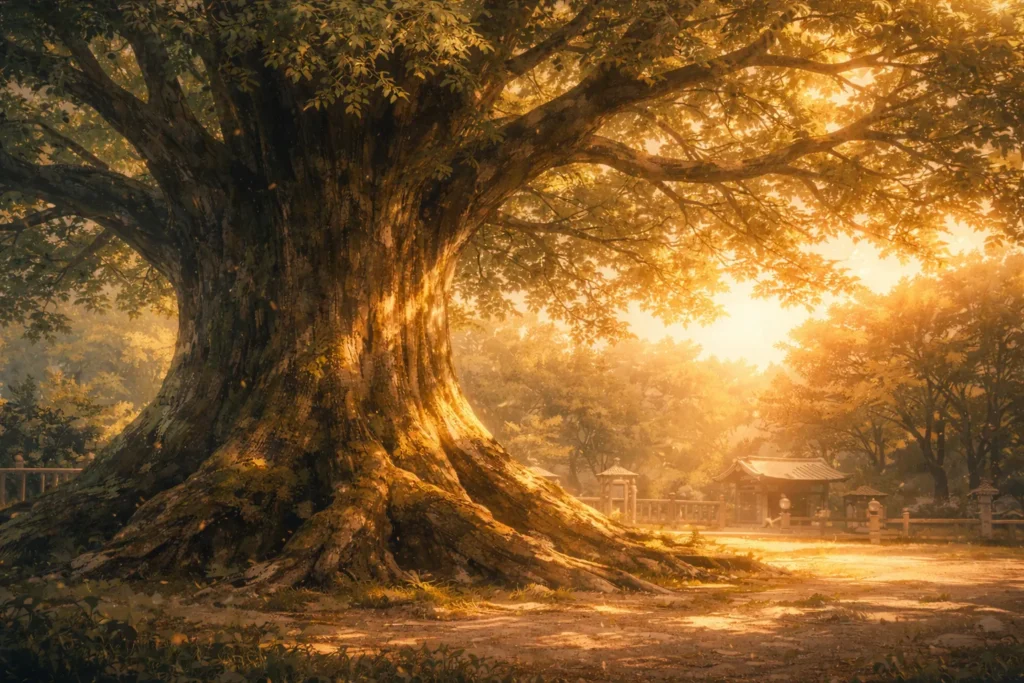 夕暮れの光に包まれた巨大なクスノキを描いたアニメイラスト。何かが起こる直前の気配を感じさせる、アニメ映画『クスノキの番人』考察用イメージ。