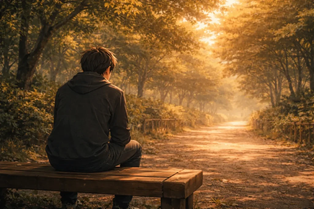 ベンチに座り、何も起きていない道を見つめる青年の後ろ姿を描いたアニメイラスト。静かな時間と遅効性の感情を表現した、アニメ映画『クスノキの番人』考察用イメージ。