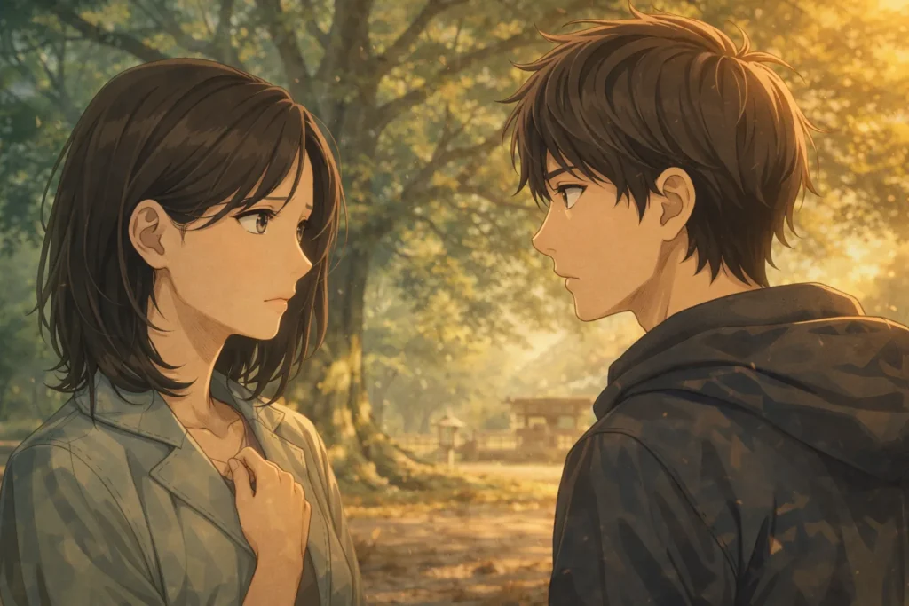 神社の境内で向かい合う男女を描いたアニメイラスト。言葉にできない想いと他者に関わる責任の重さを表現した、アニメ映画『クスノキの番人』考察用イメージ。