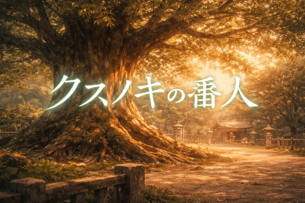 夕暮れのクスノキの前に並んで立つ男女を描いたアニメイラスト。物語を見届けた後の余韻と静かな肯定を表現した、アニメ映画『クスノキの番人』まとめ用イメージ。