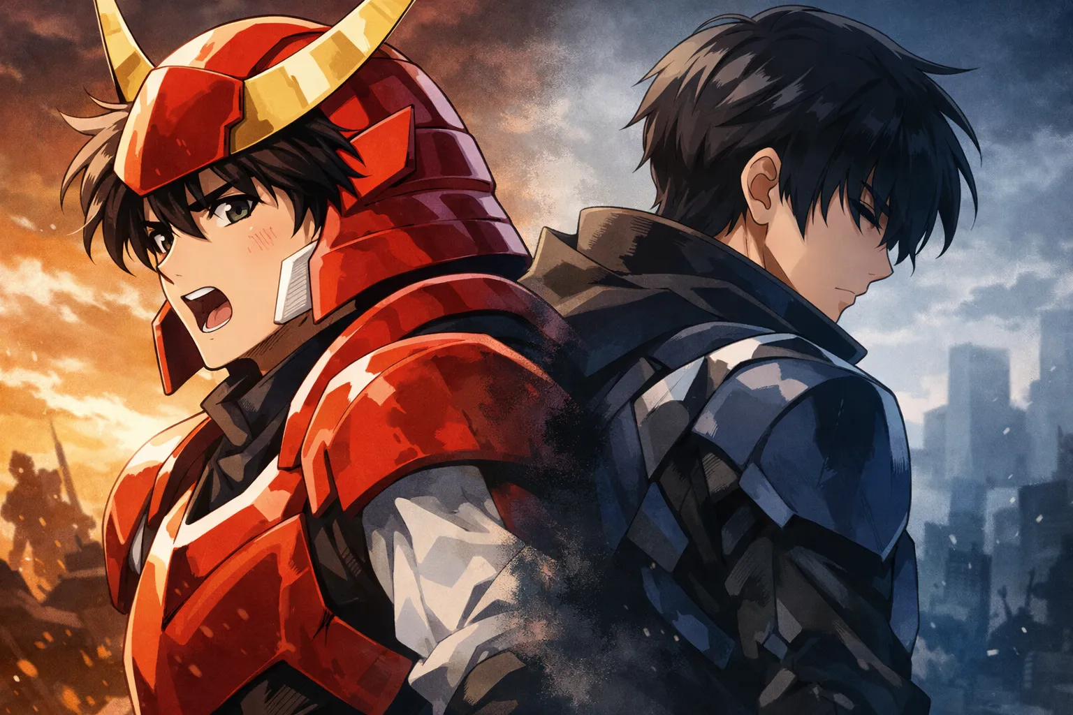 鎧伝サムライトルーパー的な1980年代ヒーローと、2026年冬アニメの現代的主人公を対比したアニメイラスト。ヒーロー像と演出思想の違いを表現。