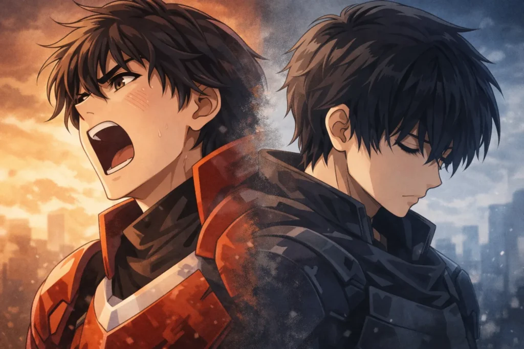 1980年代アニメの熱血的な叫びと、現代アニメの沈黙を対比したアニメイラスト。声優演技と感情表現の変化を示している。