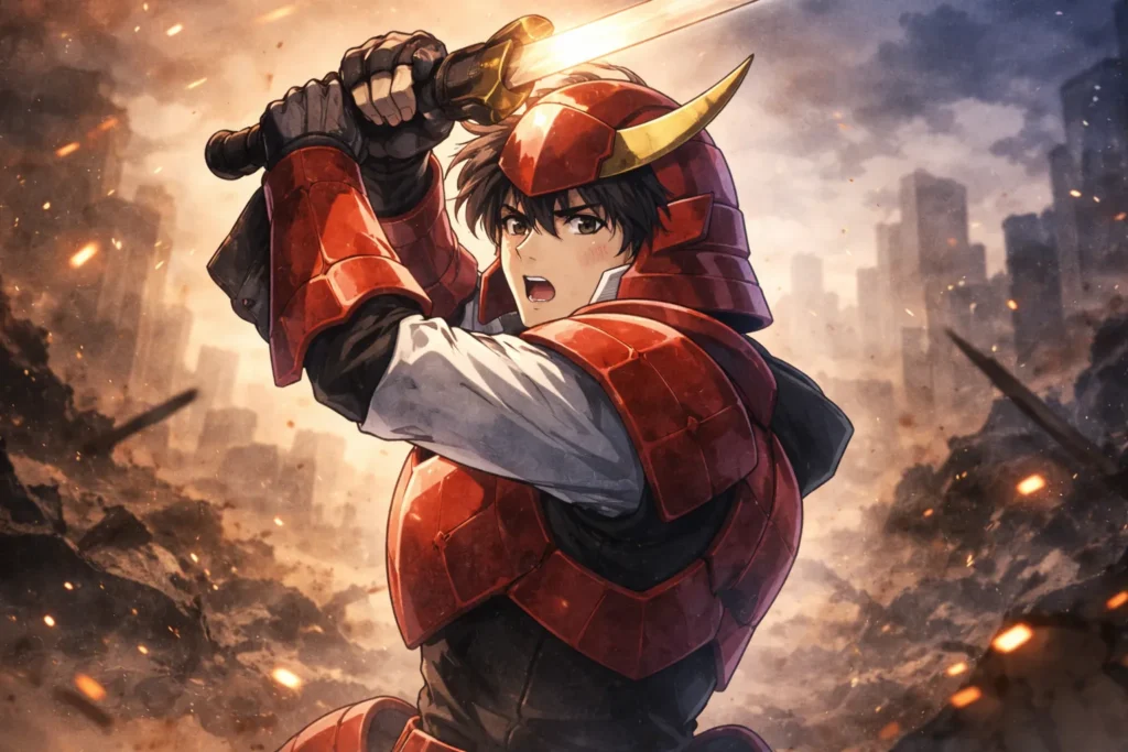 鎧をまとったヒーローが剣を掲げる戦闘シーンのアニメイラスト。1980年代的カタルシスと、現代アニメの抑制された演出の違いを示している。