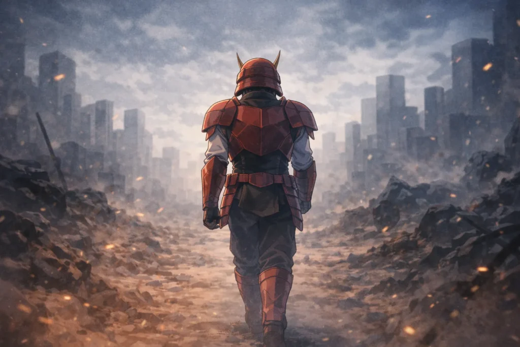 サムライ風の鎧をまとったヒーローが背中を向けて歩くアニメイラスト。ヒーロー像が時代とともに変化したことを表現している。