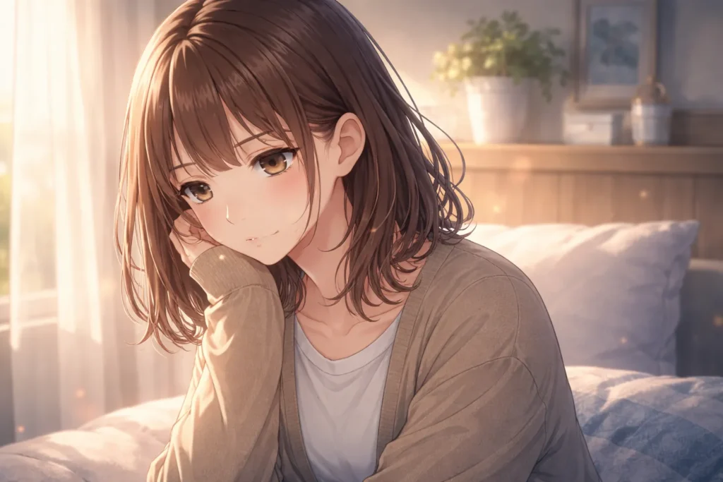 アニメ版『違国日記』の魅力を表現したアニメイラスト。静かな室内で伏し目がちに考え込む少女の姿が、内面描写と心理的な深さを象徴している。 