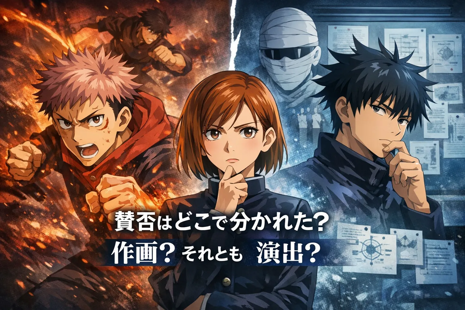 呪術廻戦アニメ3期の作画評価が賛否で分かれる構図を、虎杖悠仁・釘崎野薔薇・伏黒恵の対比で表現した分析的アイキャッチ画像