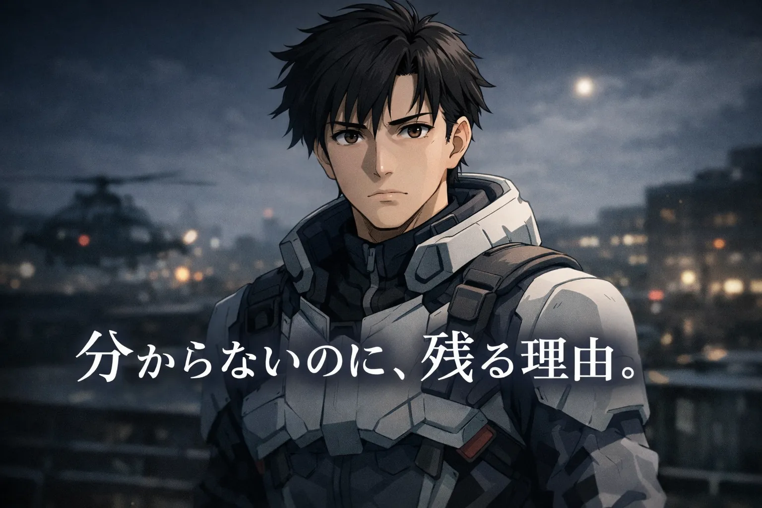『機動戦士ガンダム 閃光のハサウェイ キルケーの魔女』感想記事のアイキャッチ画像。夜の都市を背景に、迷いを抱えた表情の青年がこちらを見つめる暗いトーンのアニメイラスト。