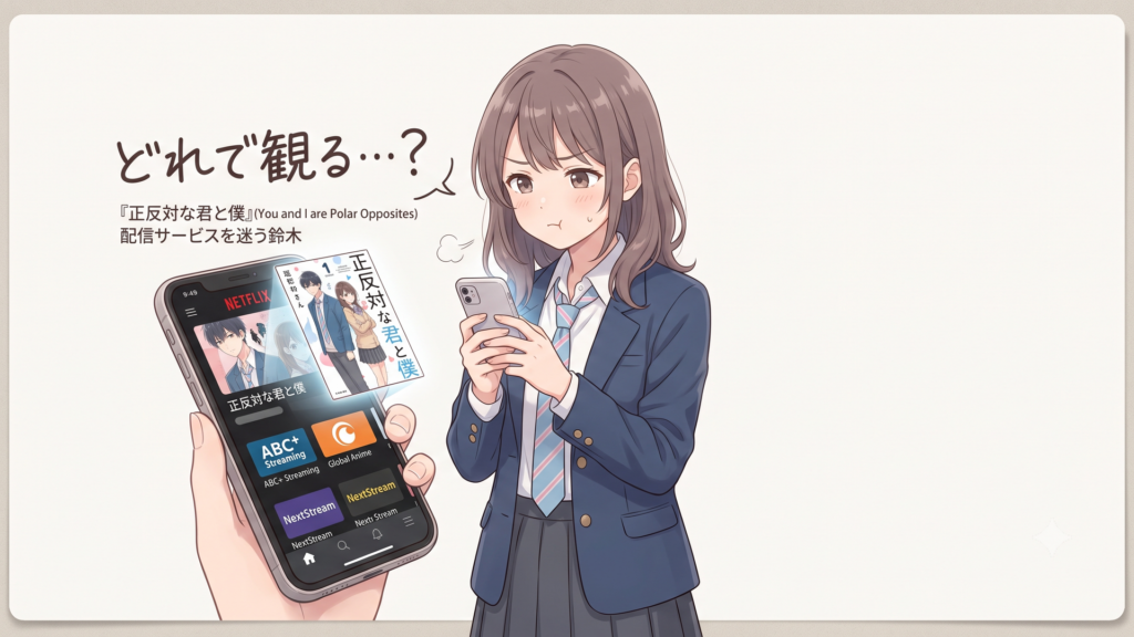 自分のスマートフォンで動画配信サービスの画面を開き、どのサブスクで『正反対な君と僕』を観るか迷っている鈴木の愛らしいカット