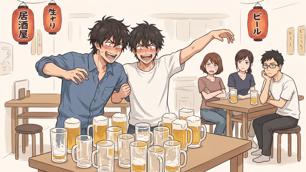 居酒屋で大量のジョッキを並べ、狂気じみた笑顔で一気飲みを煽る伊織と耕平、そしてそれを冷ややかな目で見るダイビングサークルの先輩たちの宴会風景