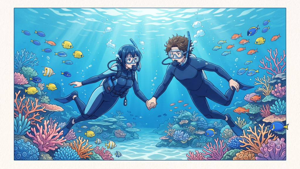パラオのどこまでも透き通るようなコバルトブルーの海の中で、色鮮やかなサンゴ礁と魚たちに囲まれながら、手を繋ぐようにして泳ぐ伊織と千紗の美しいダイビングシーン