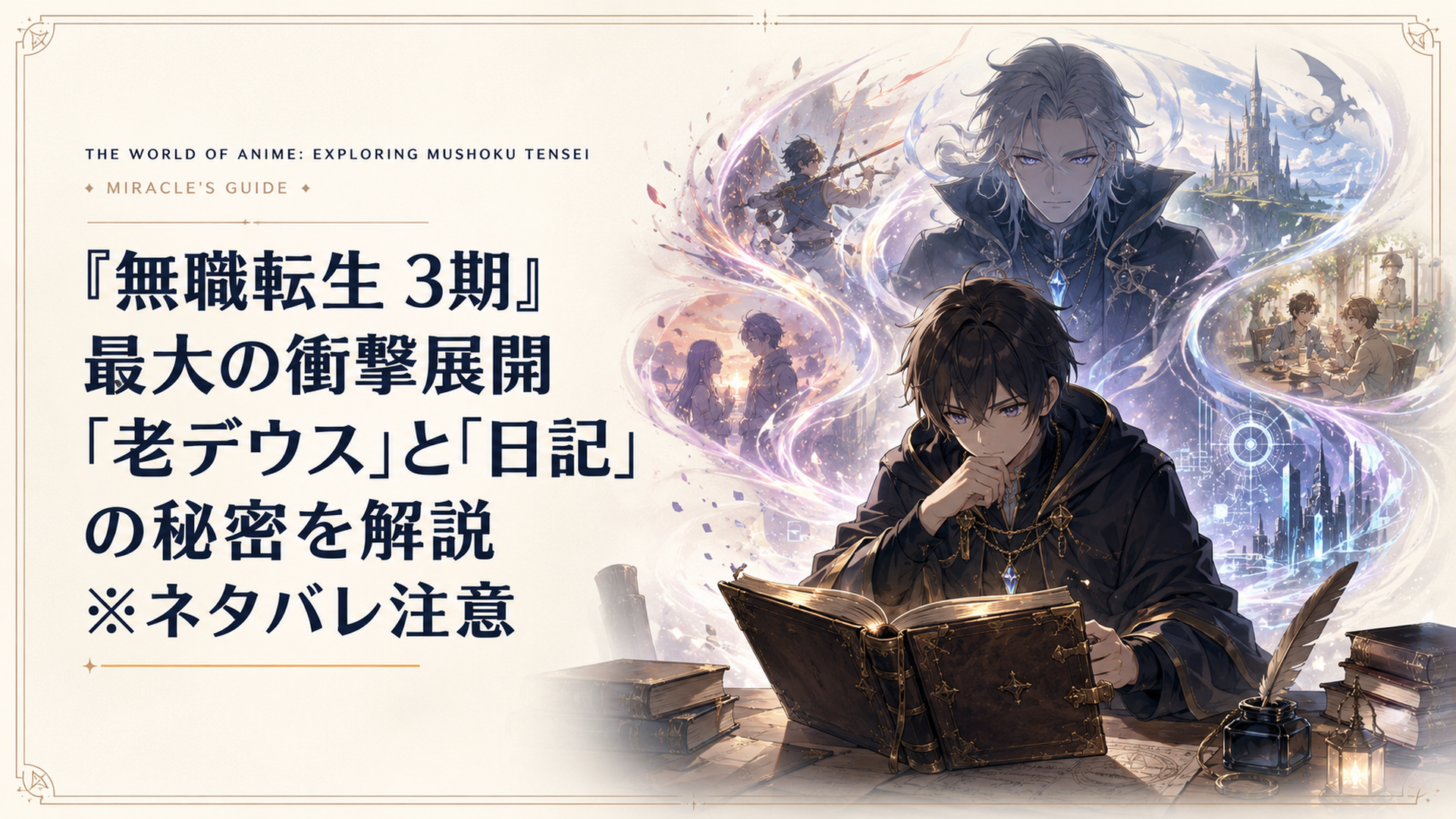 暗い書斎で古い日記を開く若い魔術師と背後に浮かぶ老いた未来の自分