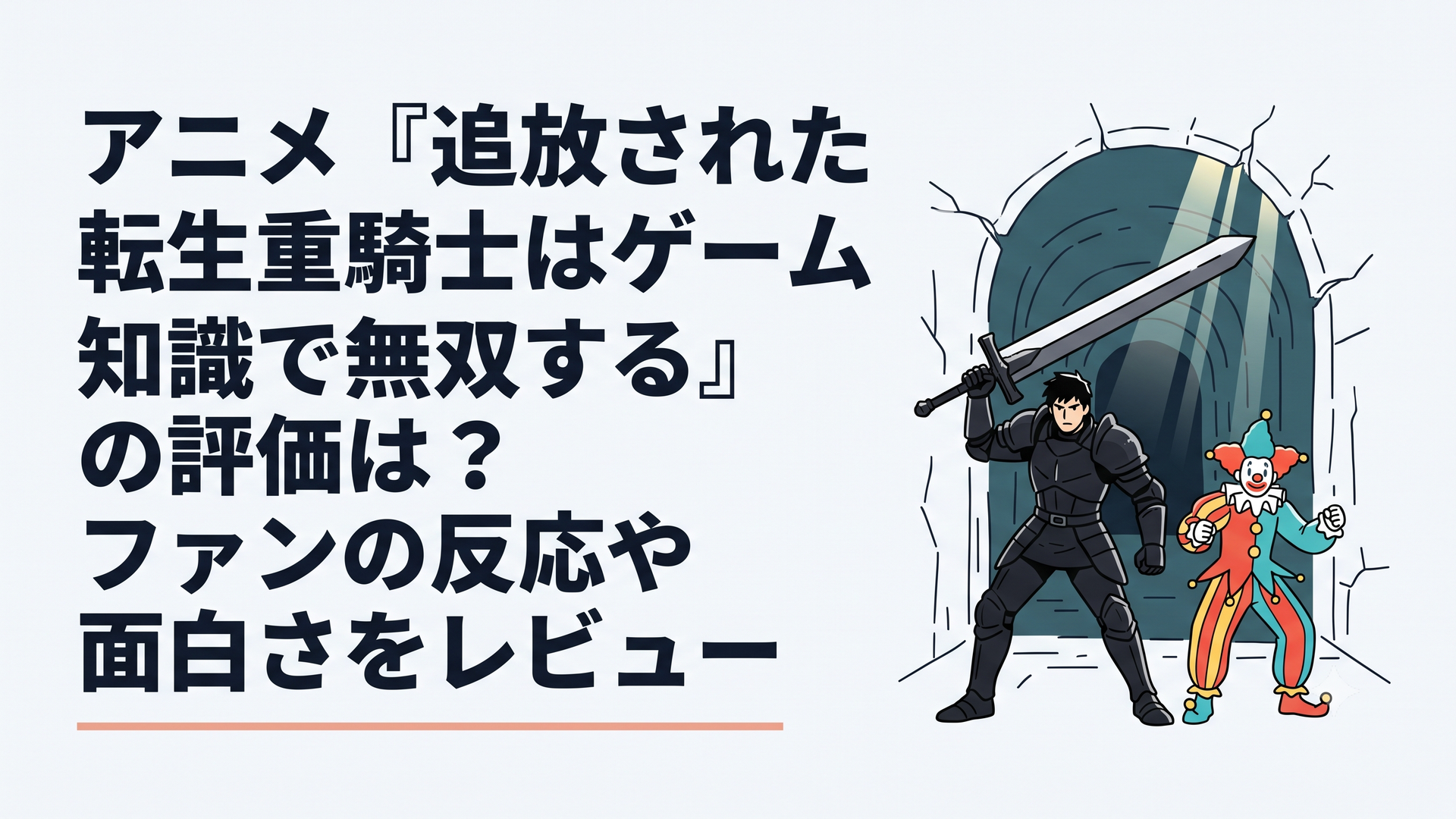 重厚な黒い鎧を身にまとった主人公の重騎士エルマが、巨大な剣を構えながらピエロのような衣装の相棒ルーチェと共に、薄暗くも美しい光が差し込むダンジョンに立ち向かっているファンタジー感あふれる迫力のシーン