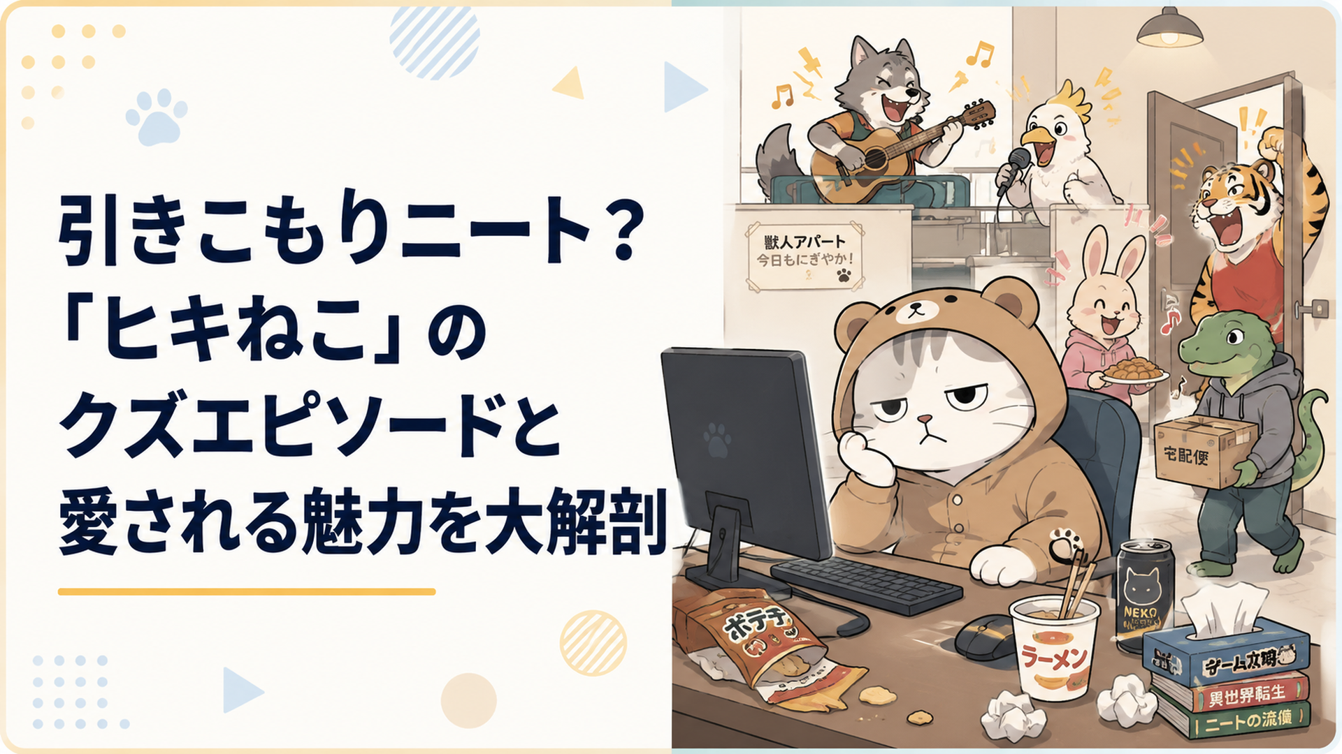 クマのパジャマ姿で薄暗い部屋のパソコンに向かうヒキねこと、にぎやかな獣人アパートの住人たち