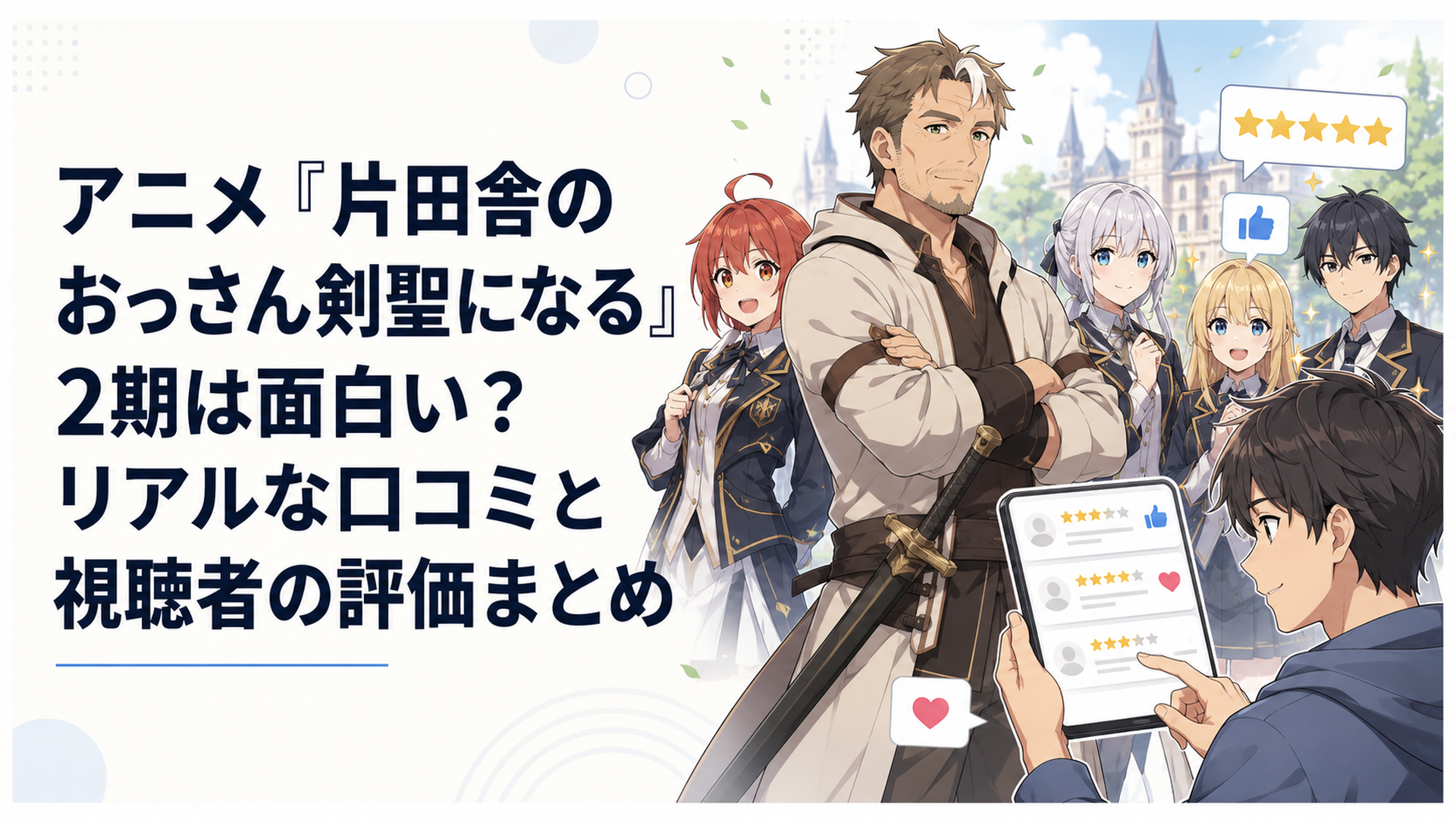 中年剣術師範ベリルと魔術師学院の弟子たちを背景に第2期の口コミ評価を確認する視聴者