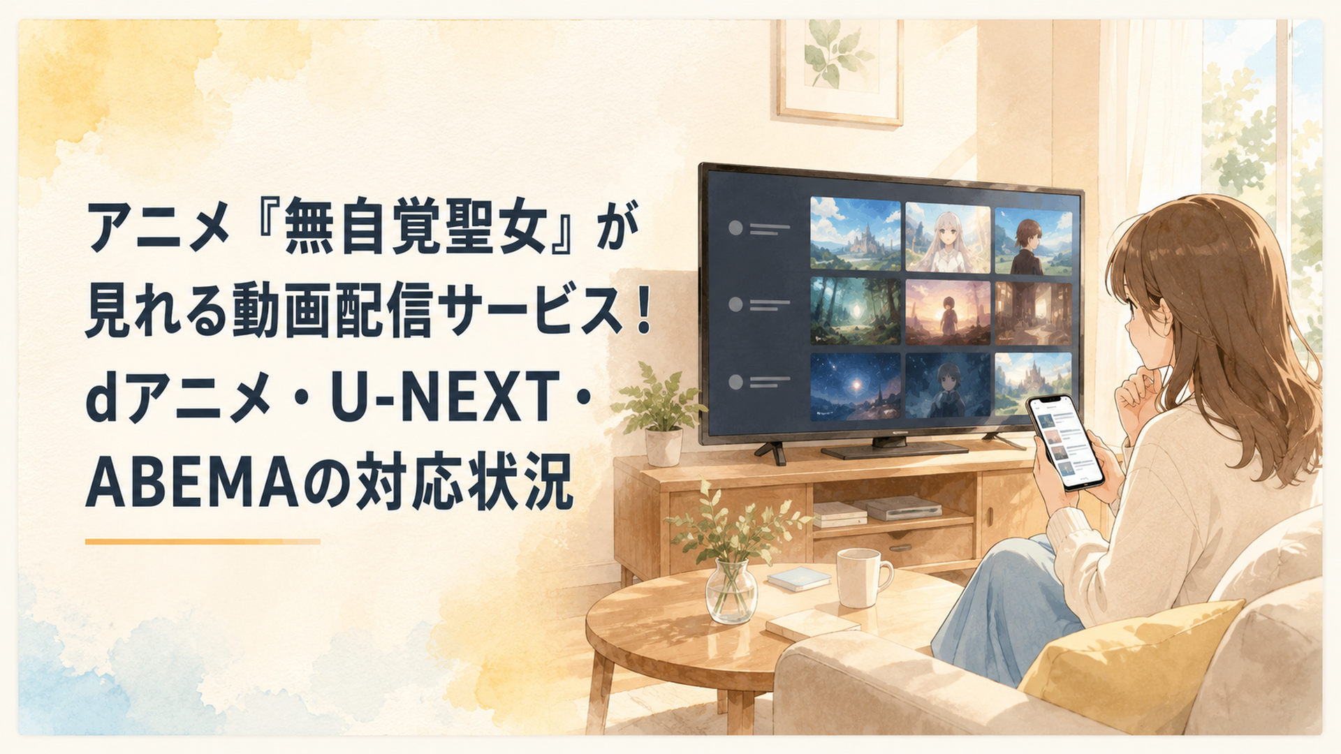 スマートフォンとテレビで無自覚聖女の配信先を比較する視聴者と明るいリビング