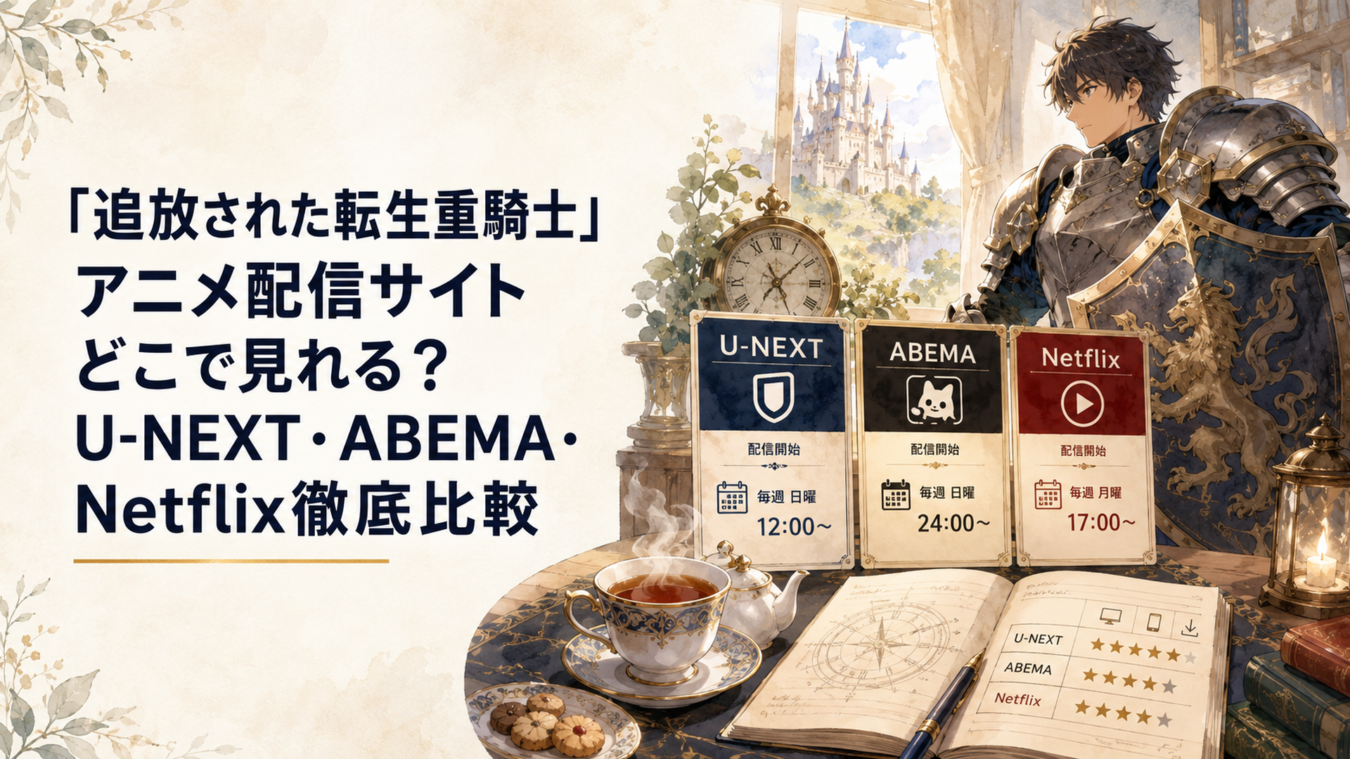 U-NEXT・ABEMA・Netflixの3サービスと重騎士をイメージし配信時間の違いを比較するファンタジー風ビジュアル