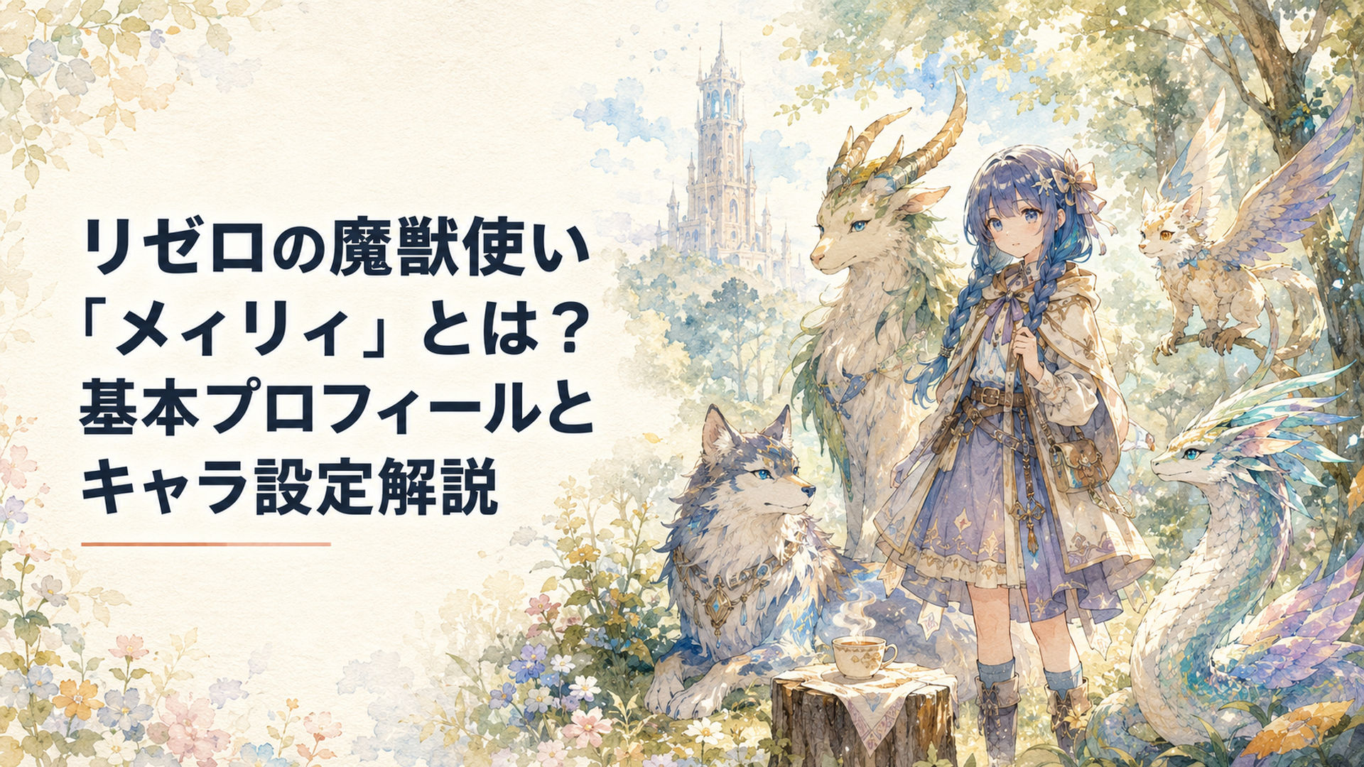 青い三つ編みの少女と森に集まる魔獣たち、遠くにプレアデス監視塔を象徴的に描いた幻想的な場面
