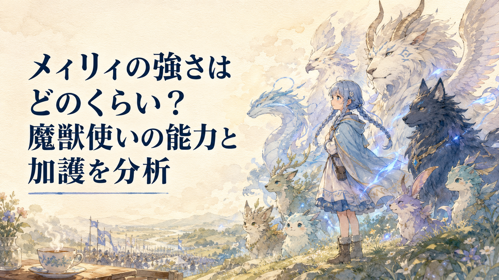 多数の魔獣を背後に従えながら静かに戦場を見つめるメィリィ