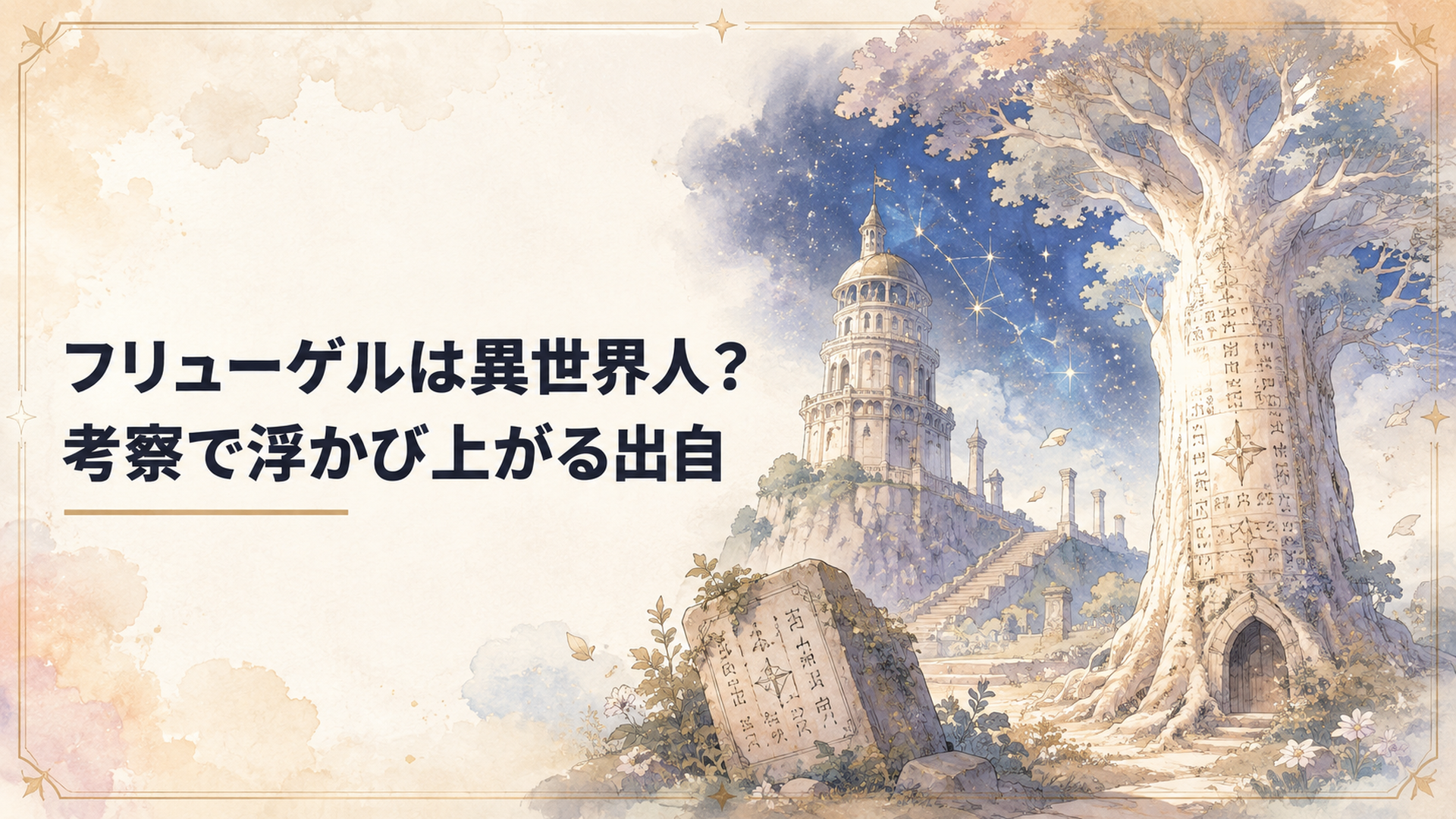 プレアデス監視塔とフリューゲルの大樹を背景に日本語の刻字と星空を重ね、フリューゲルの出自を考察する場面