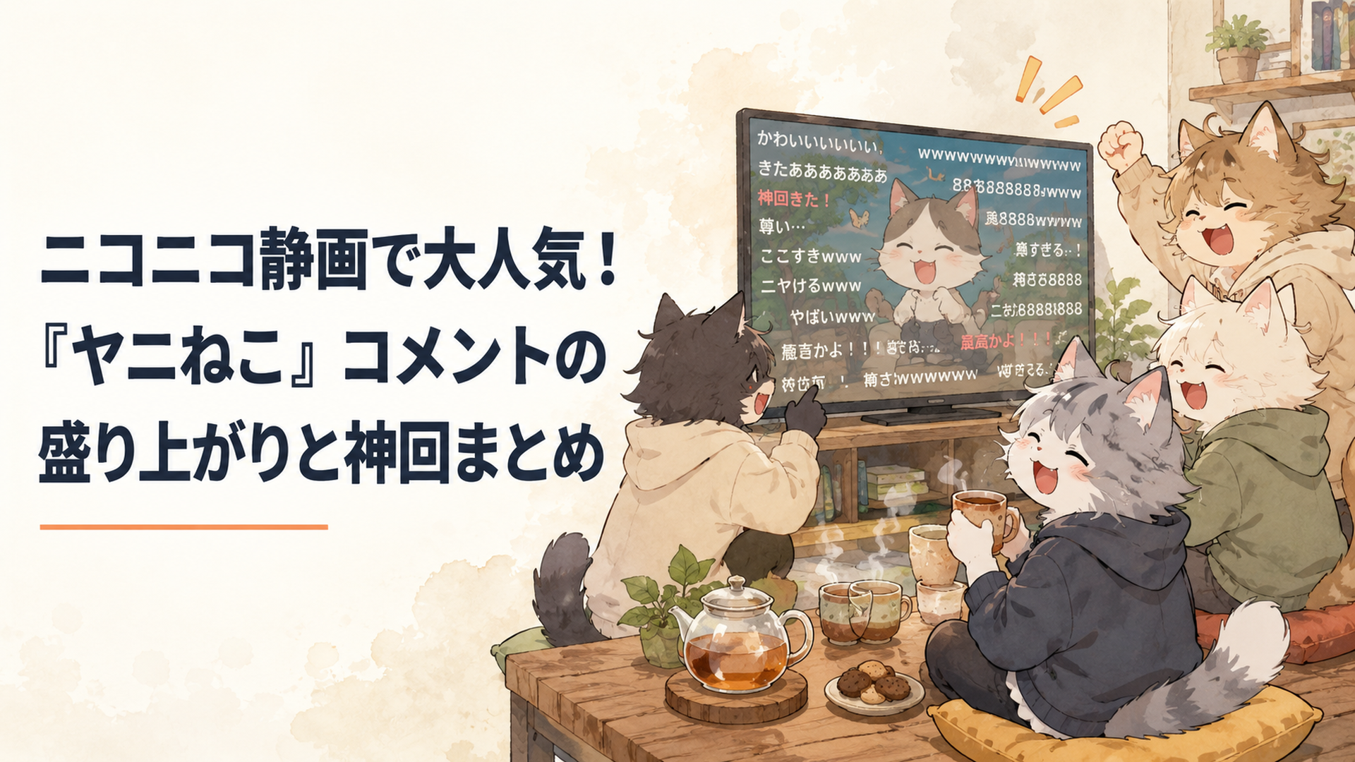 ニコニコのコメントが画面を流れる中でゆるく盛り上がる猫獣人たちのアニメ視聴風景