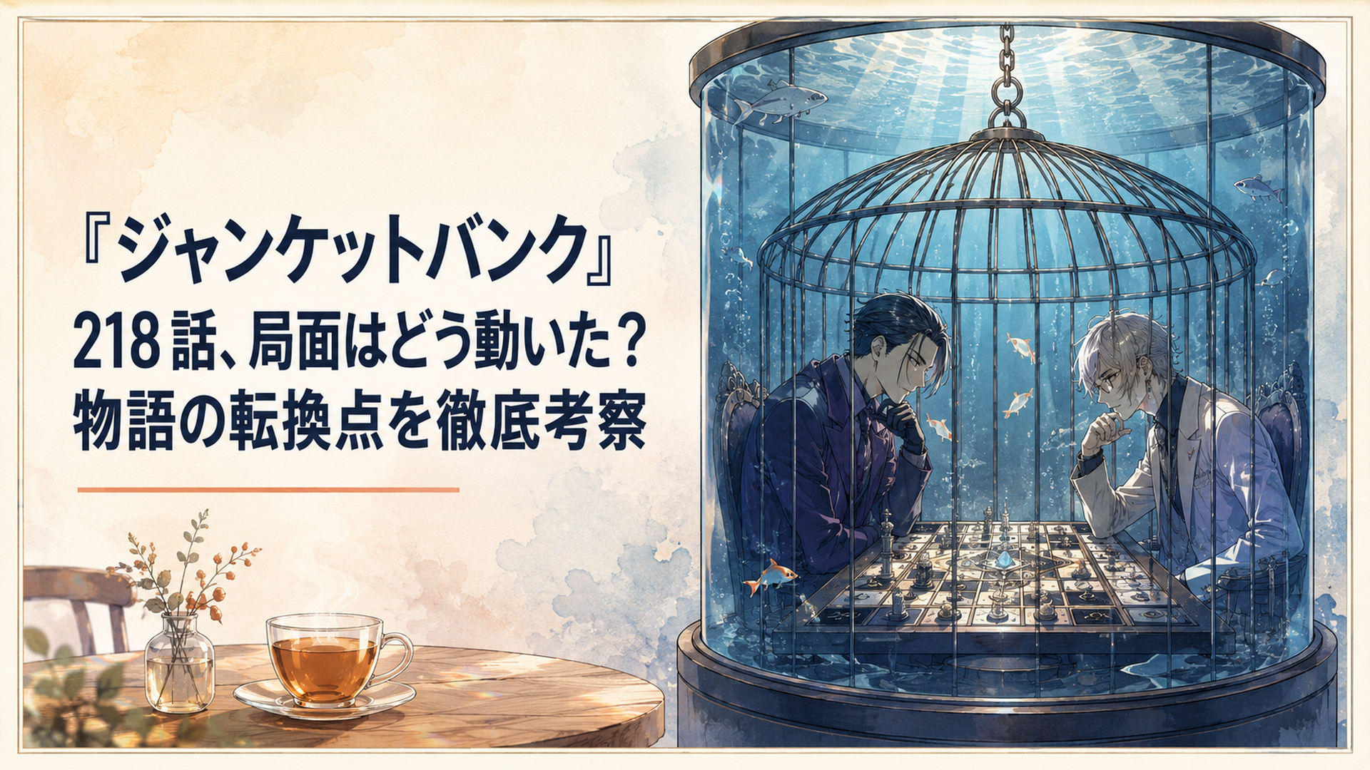 巨大な水槽内の鳥かごで村雨礼二と室積縁が複雑なゲーム盤を見つめる緊迫した心理戦の場面