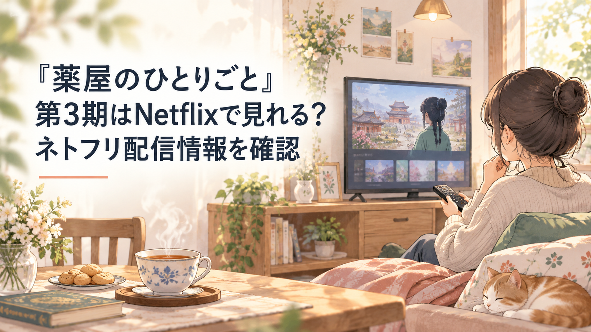 Netflixで『薬屋のひとりごと』第3期を見られるのかテレビ画面を確認する視聴者