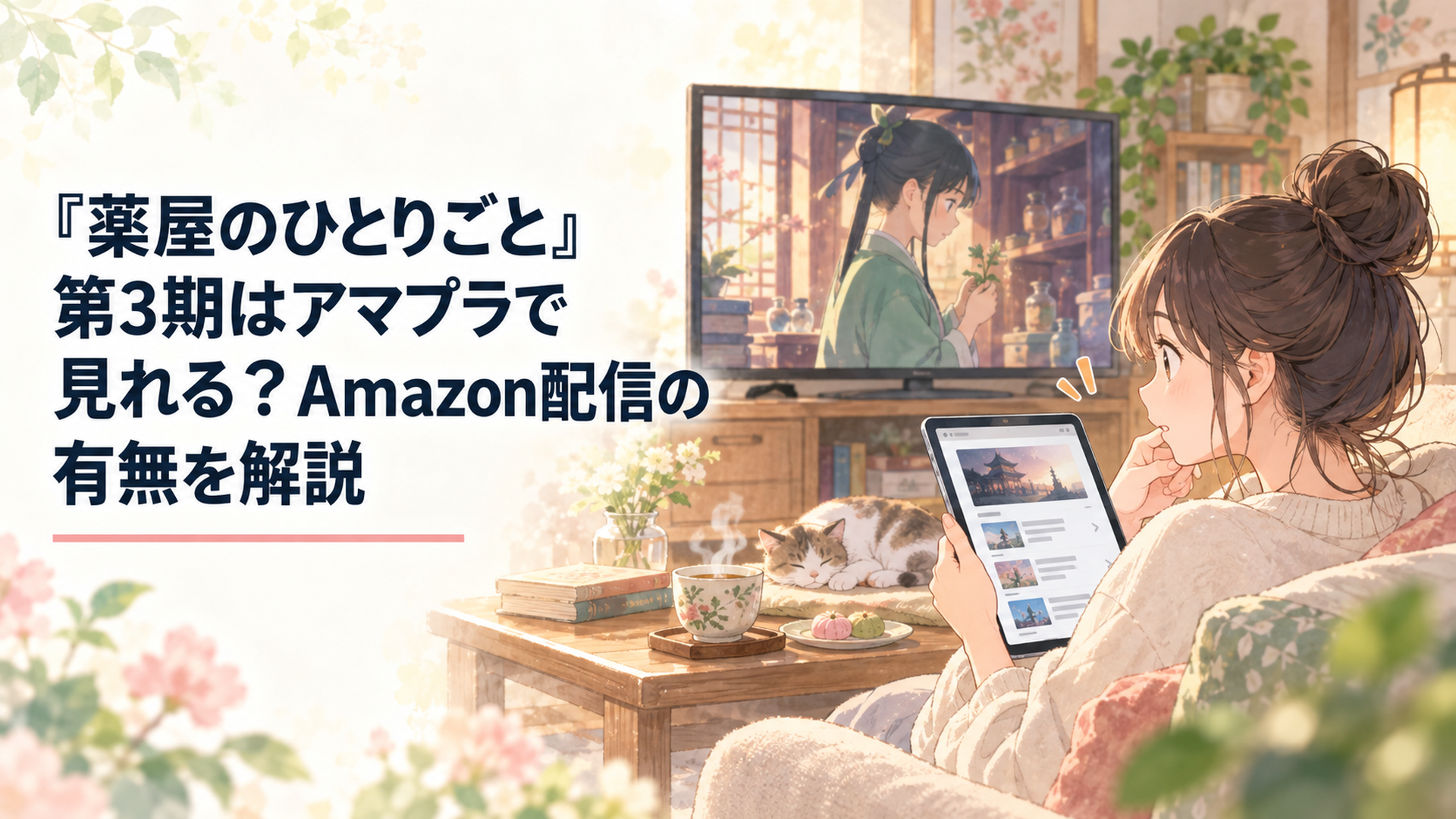 テレビで『薬屋のひとりごと』を見たあとAmazon Prime Videoの配信予定を確認する視聴者