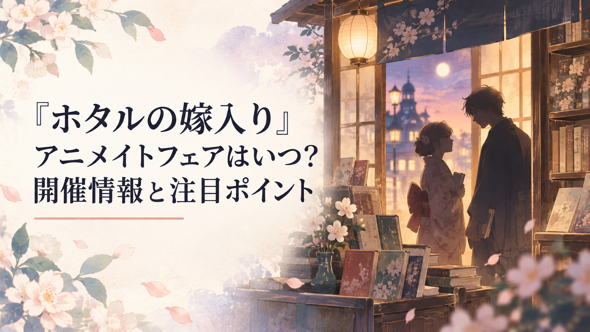 『ホタルの嫁入り』原作完結記念フェアの余韻を、明治浪漫を思わせる書店と二人のシルエットで表現したイラスト