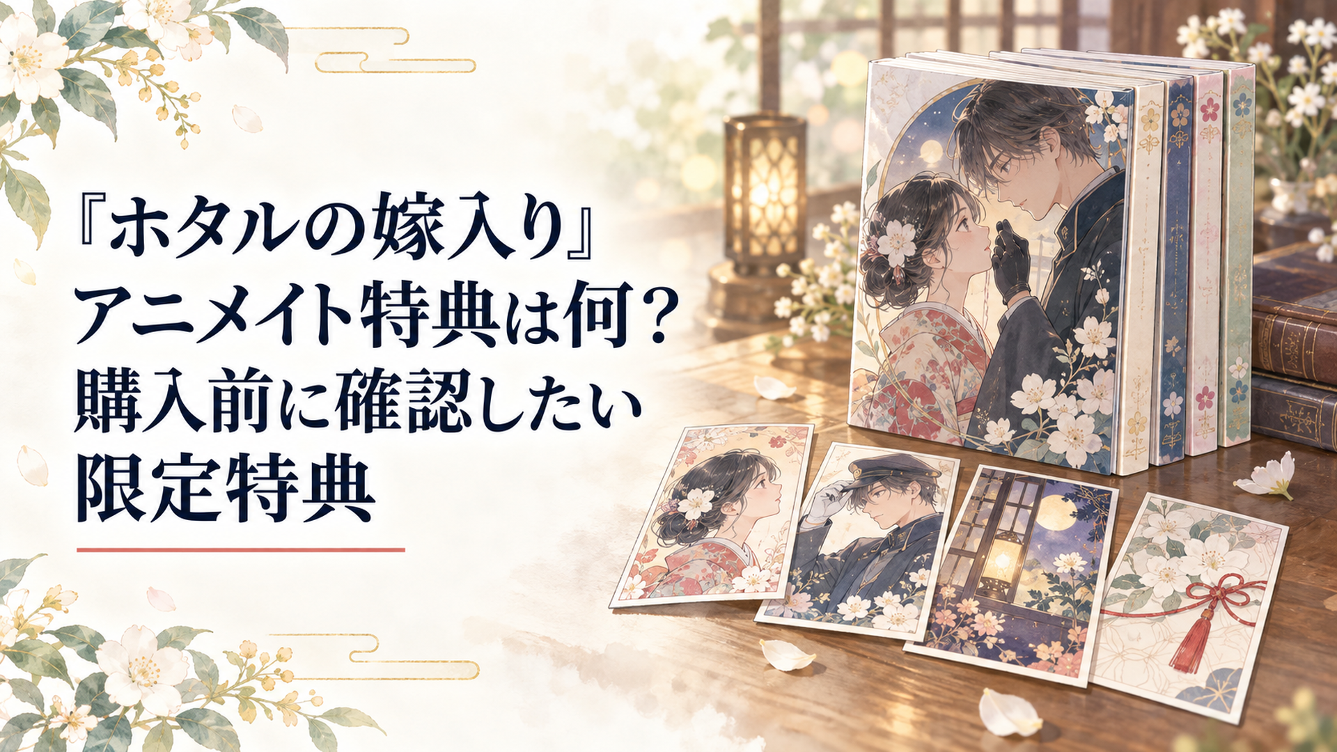 『ホタルの嫁入り』のコミックスと全4種類のミニカードをイメージした、明治浪漫の雰囲気が漂う特典紹介イラスト