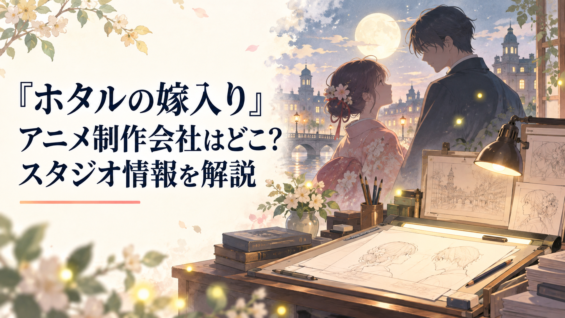 明治浪漫を思わせる夜景を背景にアニメ制作スタジオの作画机と令嬢と青年のシルエットが重なるイラスト