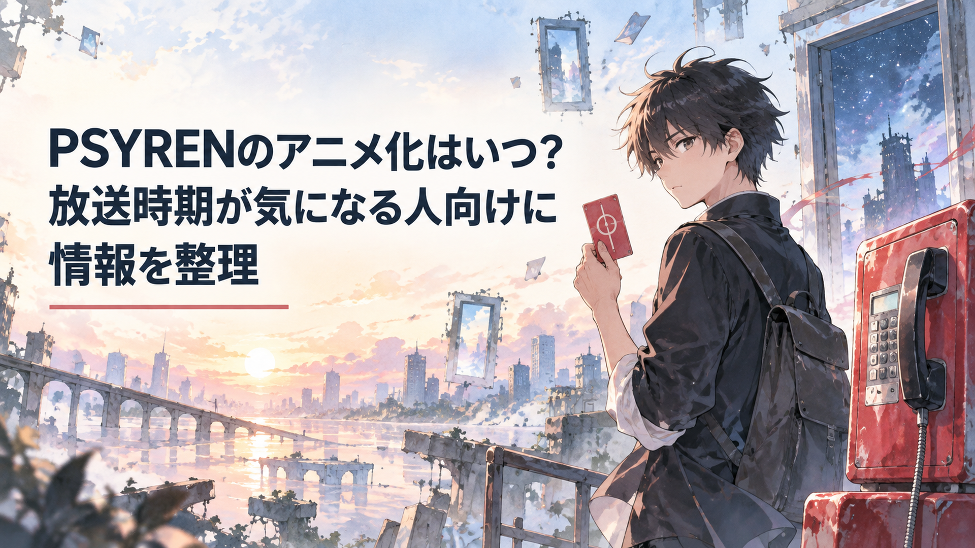 赤いテレホンカードと公衆電話を前に立つ少年をイメージした超能力サスペンスアニメの世界
