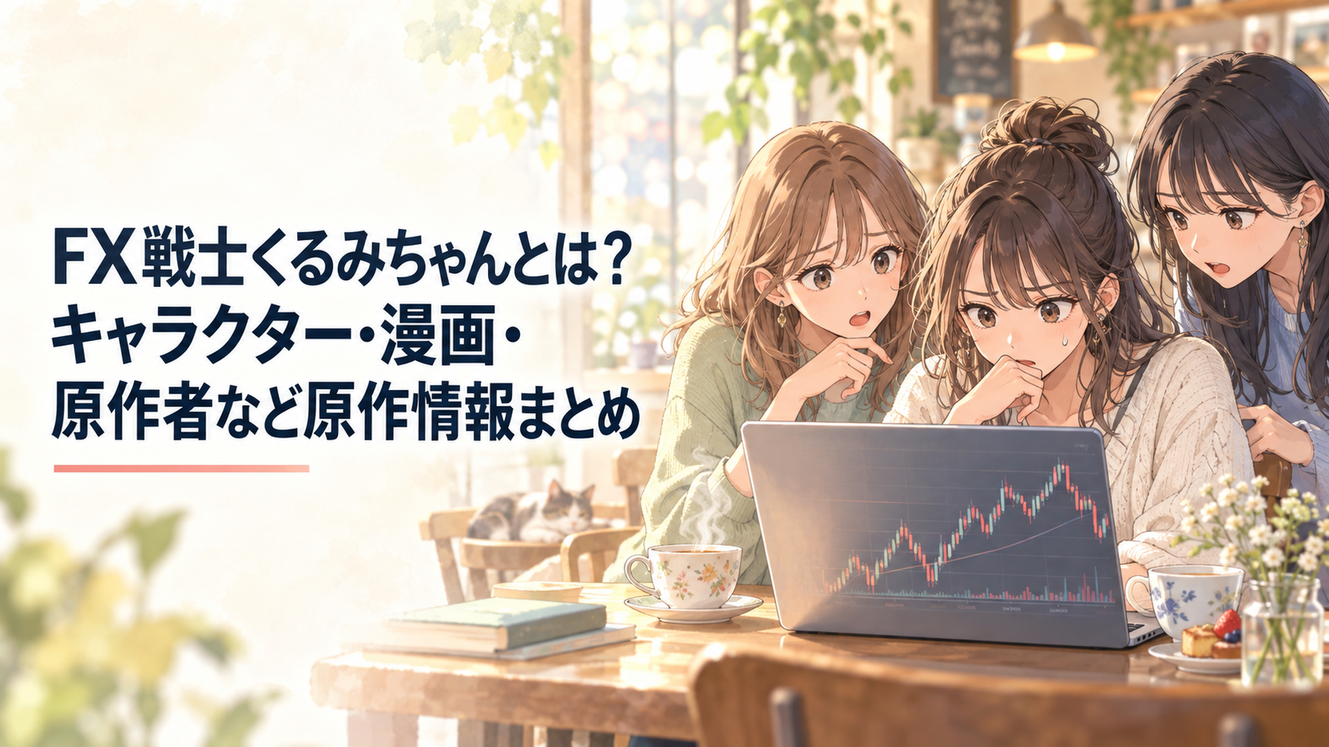 FXチャートを前に緊張した表情でパソコンを見る女子大学生と仲間たち