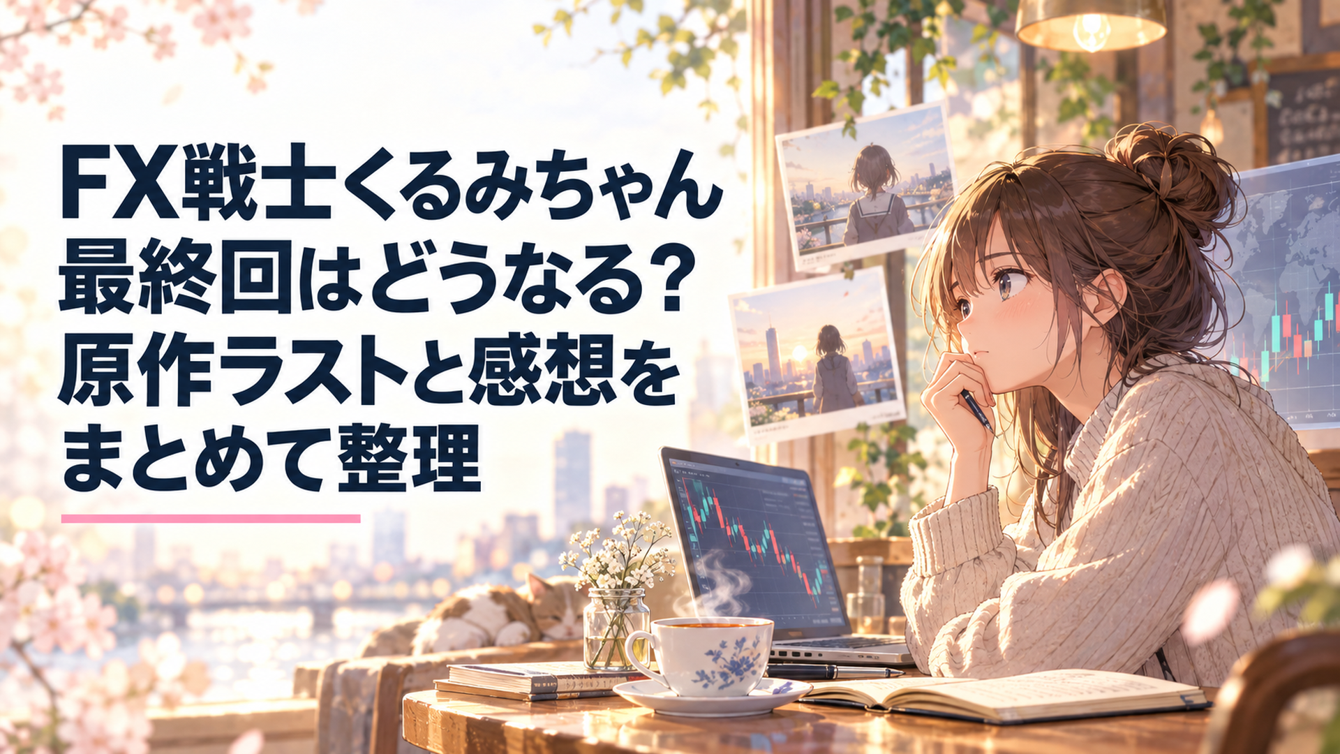 為替チャートを前に過去と未来を見つめる福賀くるみをイメージした緊張感のあるシーン