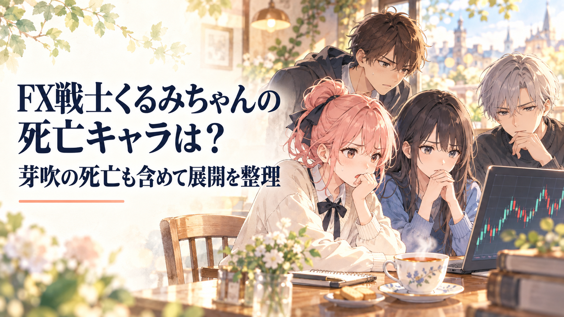 FXのチャートを前にしたくるみと芽吹たち主要キャラクターを描いた緊張感ある場面