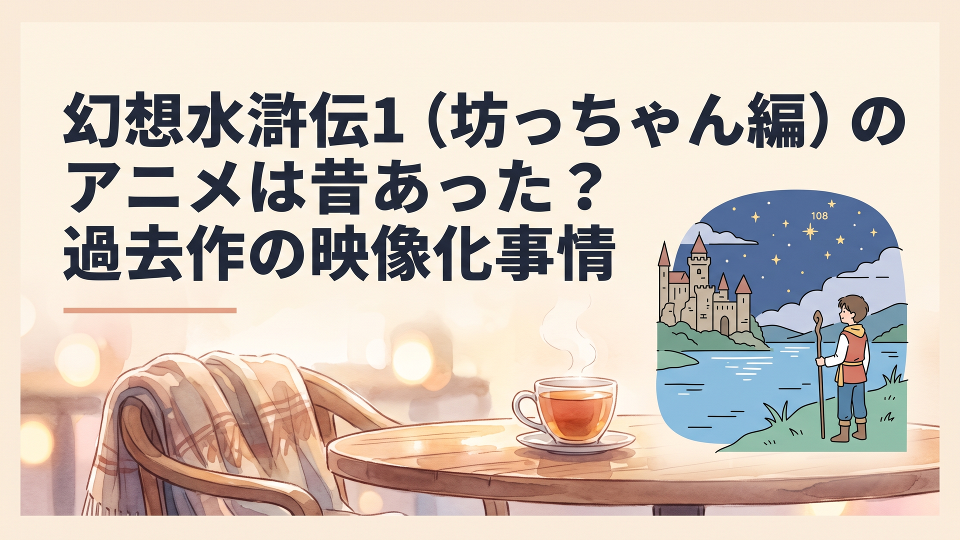 夜空に108の星が輝く古城の湖畔で、棍を持った少年が遠くを見つめている幻想的なシーン