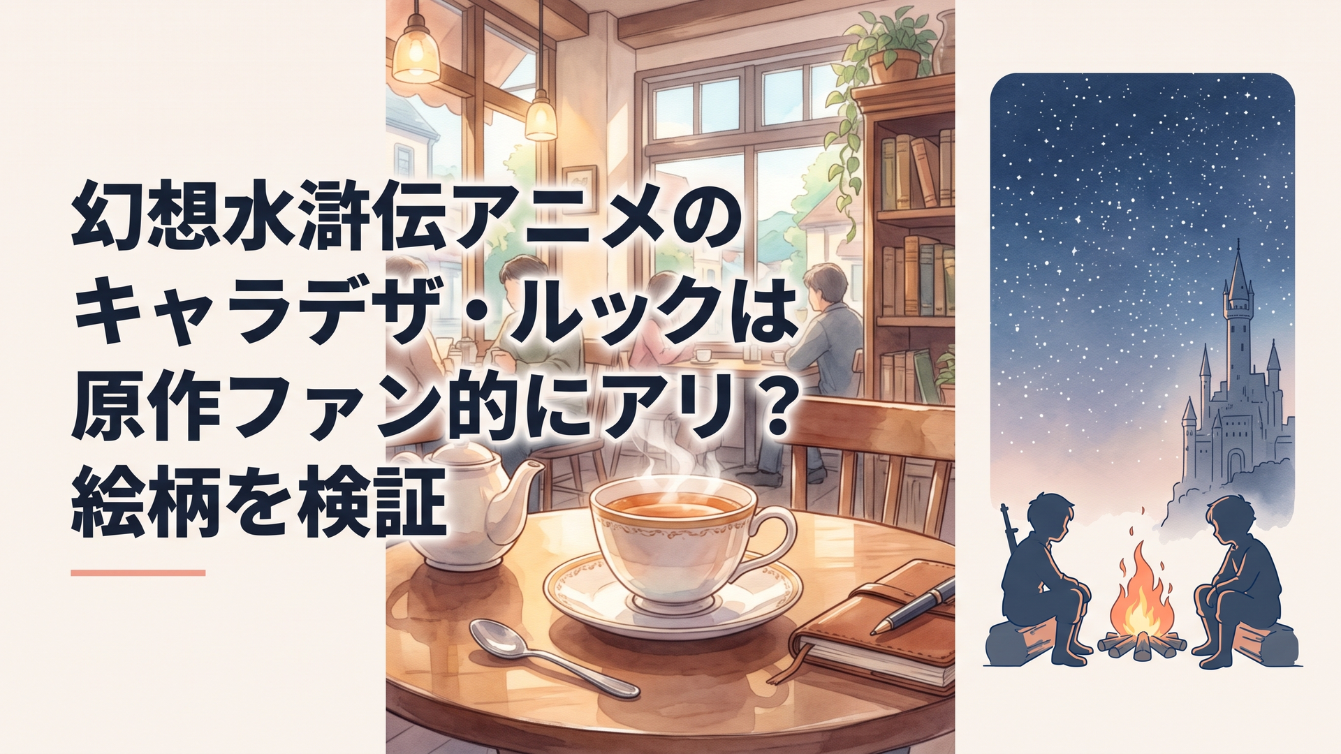 満天の星空の下、焚き火を囲んで並ぶ二人の少年兵のシルエットと、遠くにそびえる古城