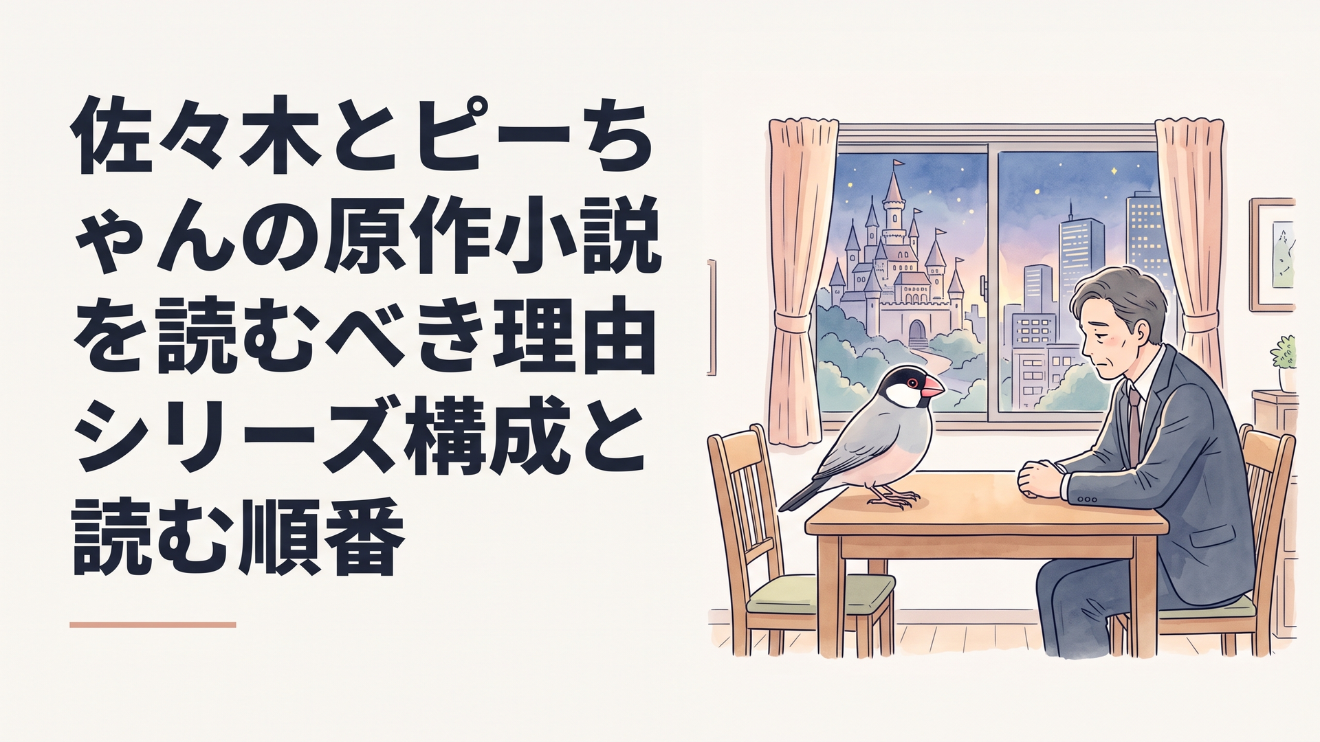 夜の古いアパートの一室で、机の上の文鳥と疲れたスーツ姿の中年男性が向かい合い、窓の外に異世界の城と現代の街並みが重なって見える幻想的なシーン