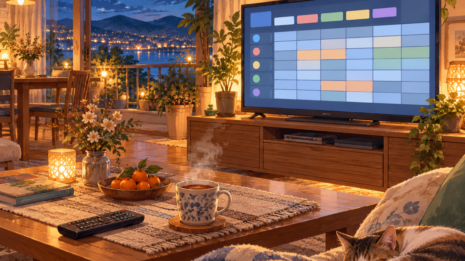 テレビの番組表画面とリモコンが置かれた夜のリビング