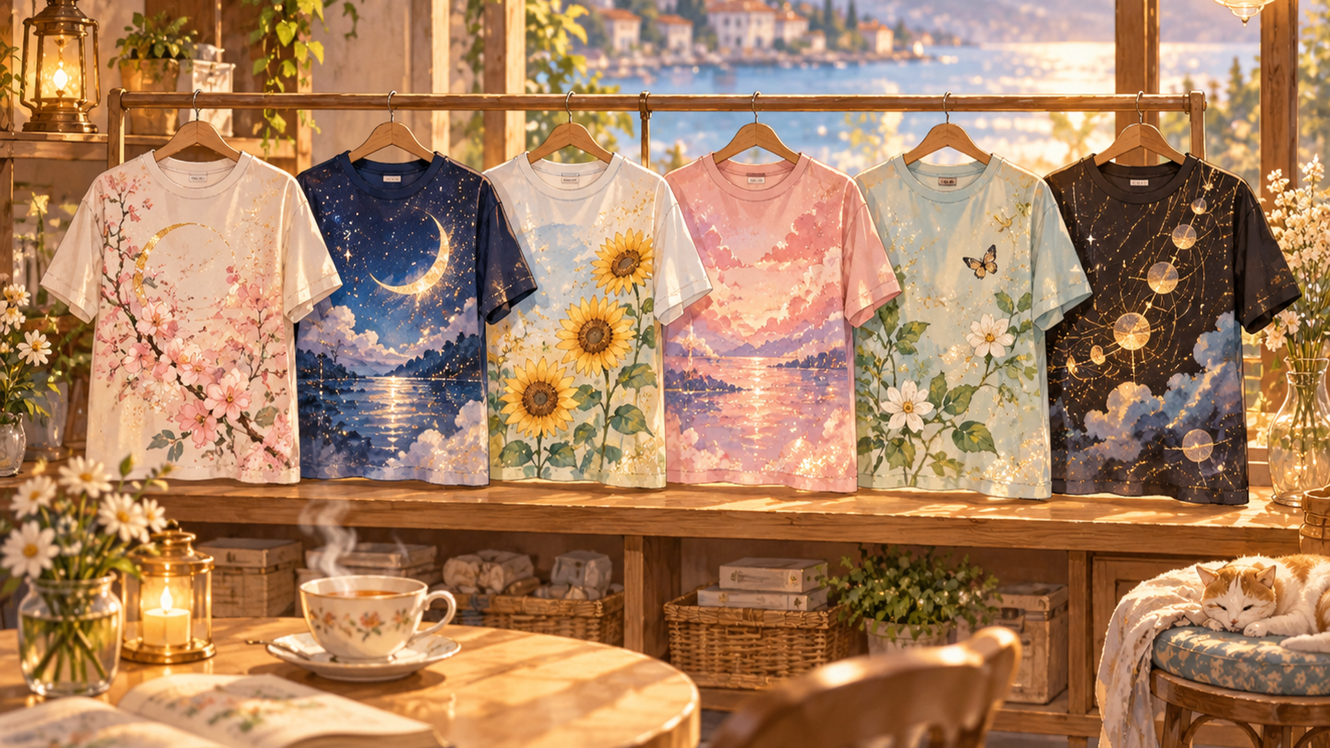 カラーラメが光るアート柄Tシャツが6枚並んだ明るいディスプレイ棚