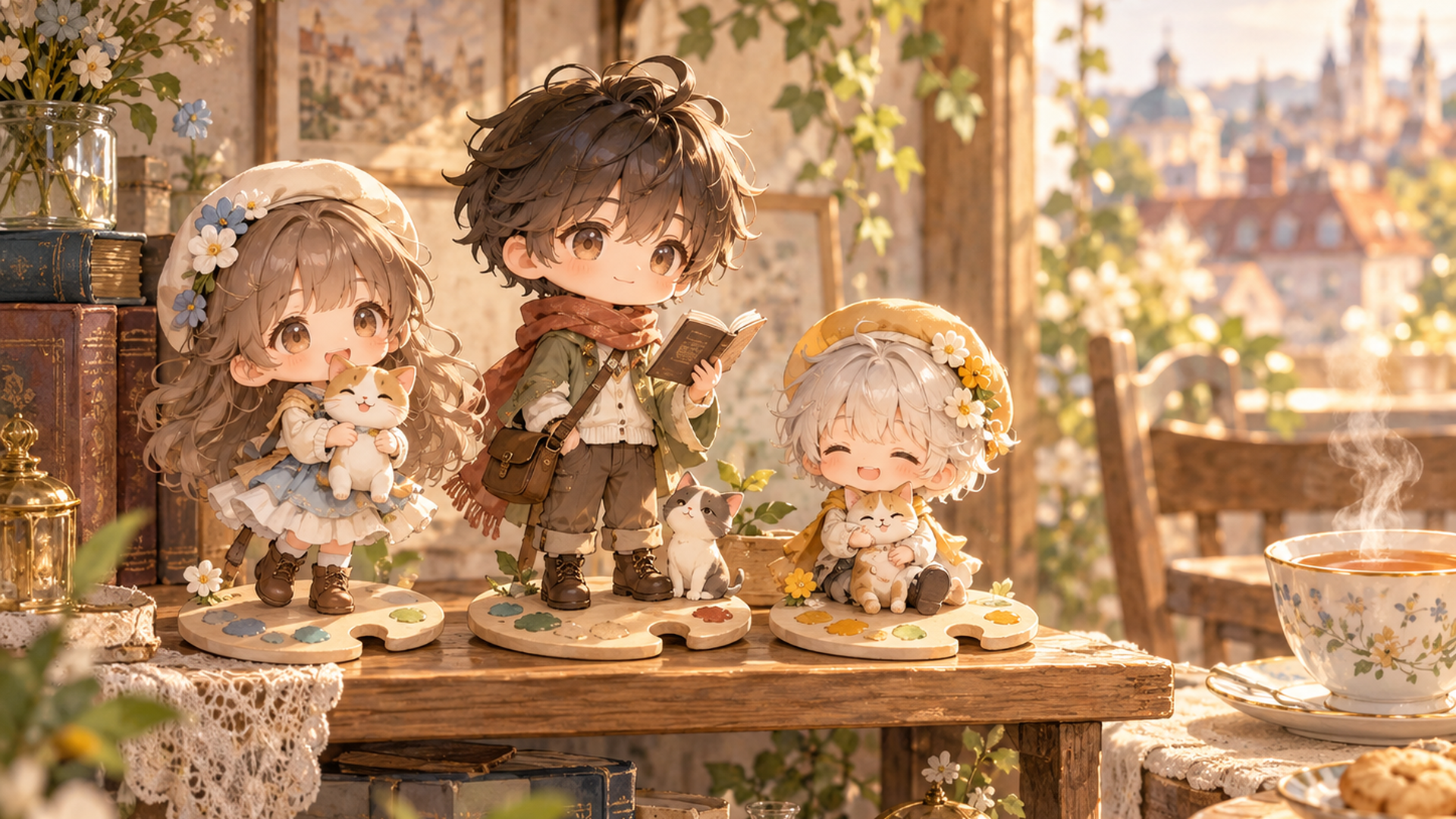 背丈の違う3体のデフォルメフィギュアが絵の具パレット風の台座に並ぶ棚