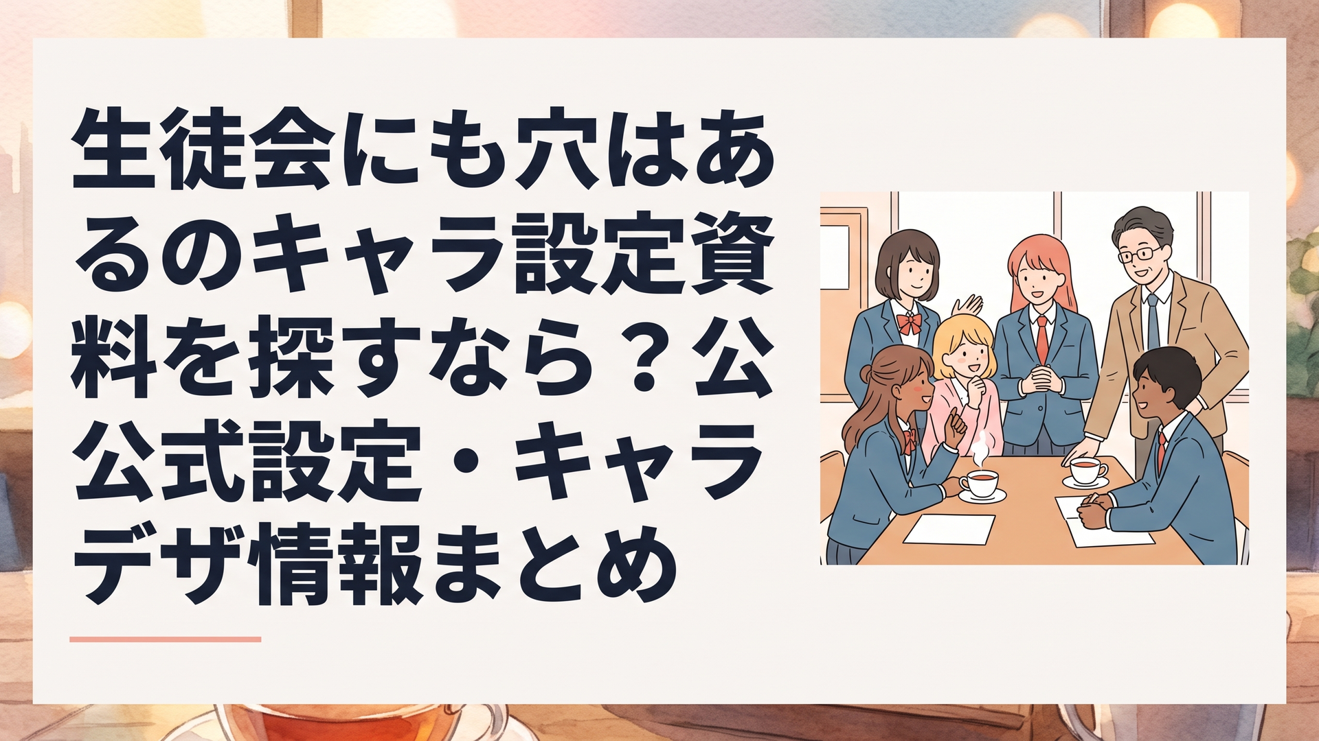 放課後の生徒会室で、個性豊かな生徒会メンバー5人と担任教師がにぎやかに集まっている明るい学園アニメ風のシーン