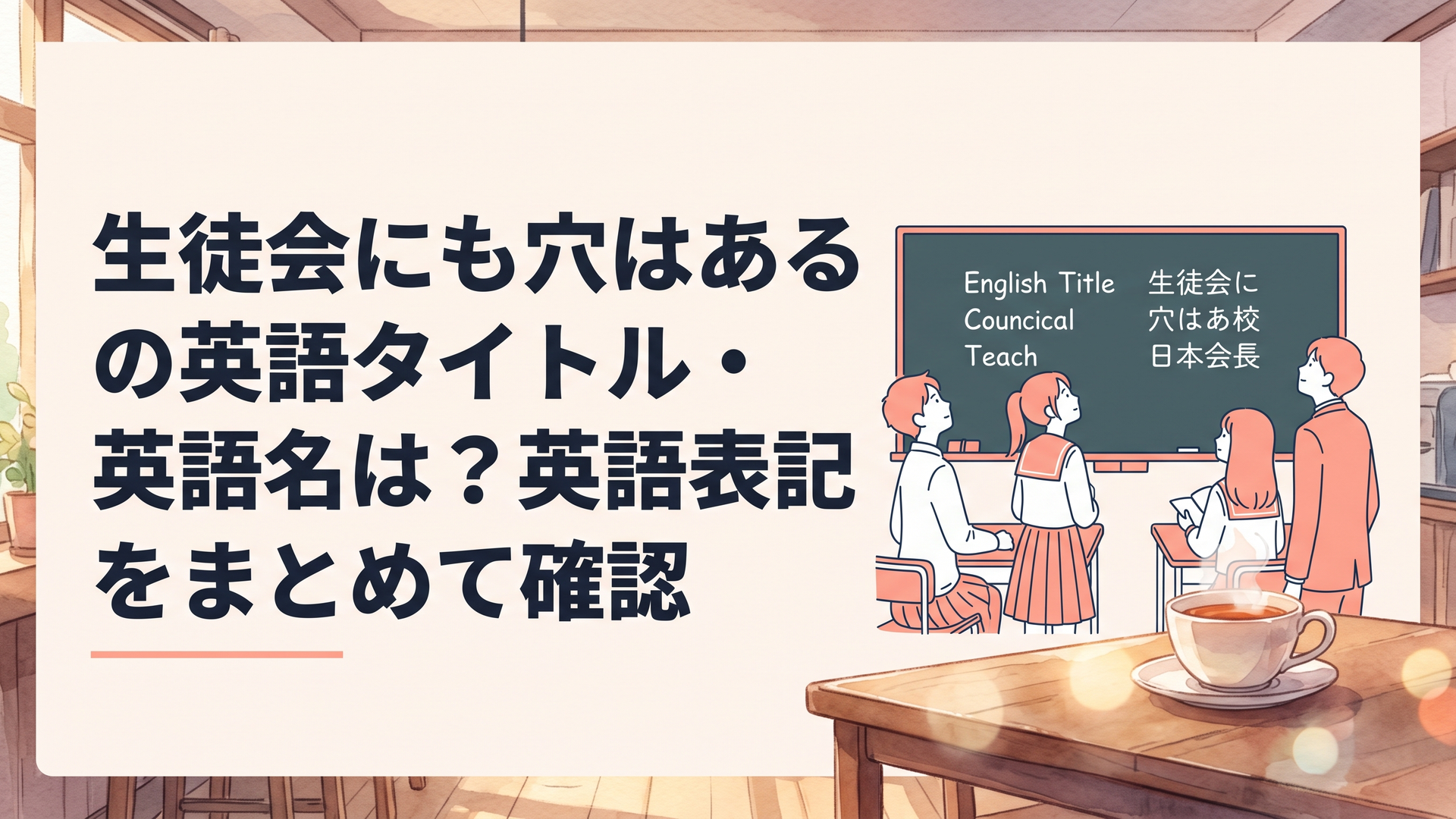 放課後の生徒会室で、英語と日本語のタイトル文字が並んだ黒板を見上げる高校生たち