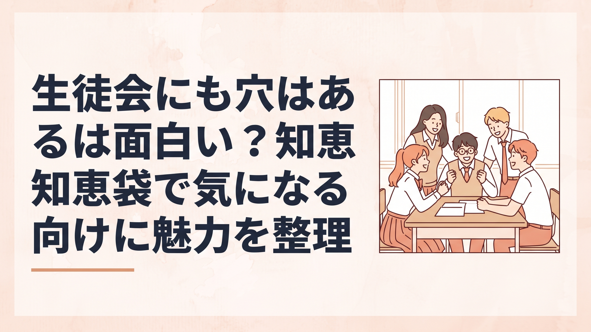放課後の生徒会室で、個性の違う5人の生徒がにぎやかに机を囲んでいる明るい4コマ漫画風のシーン