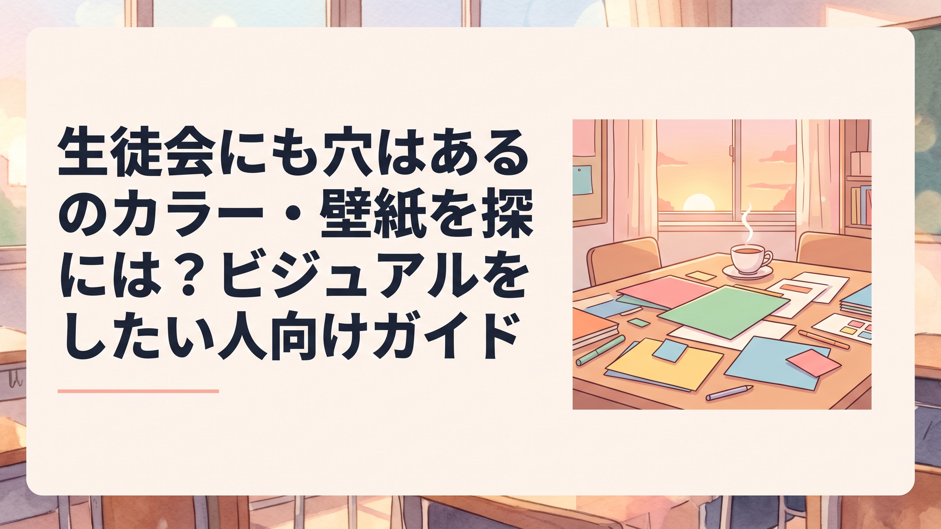 夕暮れの学園の生徒会室で、色とりどりの画用紙や資料が机に広がる明るい風景