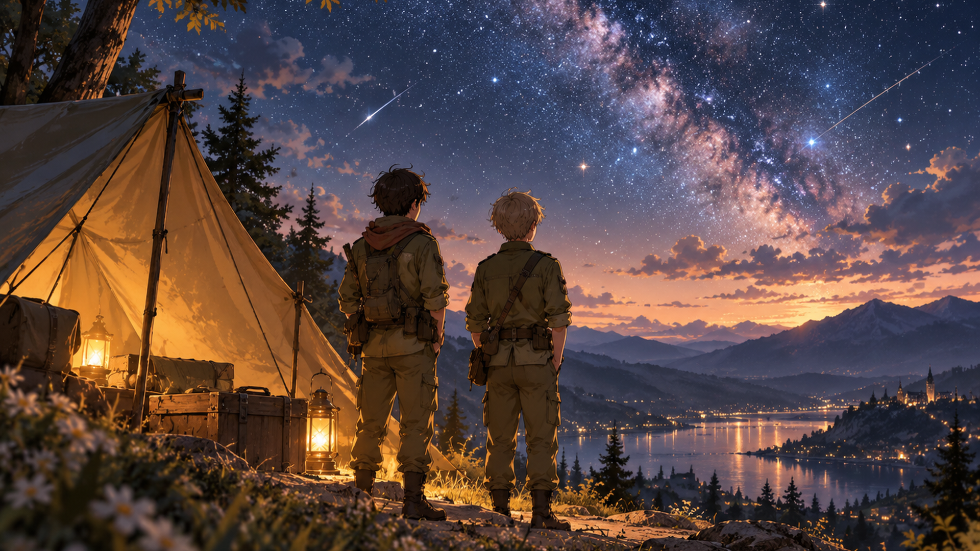 満天の星空の下、野営テントの前で空を見上げる二人の少年兵の後ろ姿